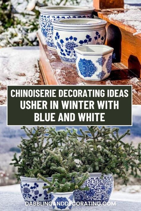 Usher in Winter with Blue and White Chinoiserie Decor How To Decorate With Blue And White, Blue Kitchen Decorating Ideas, Chinisorie Decor, Blue And White Mantle Decor, Blue And White Decorating Ideas, Decorating With Blue And White, Tureen Centerpiece, Winter White Decor, Blue Willow Decor