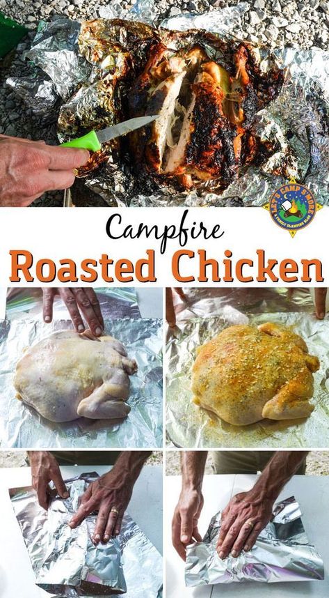 Whole Chicken Over Campfire, Campfire Chicken, Roasting A Whole Chicken, Keto Camping, Dutch Oven Camping Recipes, Campfire Meals, Camping Dishes, Camping Foods, Open Fire Cooking