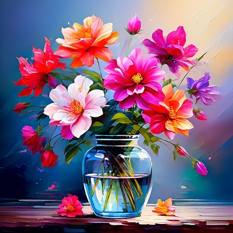 Flower In House, Floral Vase Painting, Flower Vase Painting, Flower Paint, Vase Painting, Flower Oil Painting, Painting Skills, Print Design Art, Digital Oil Painting