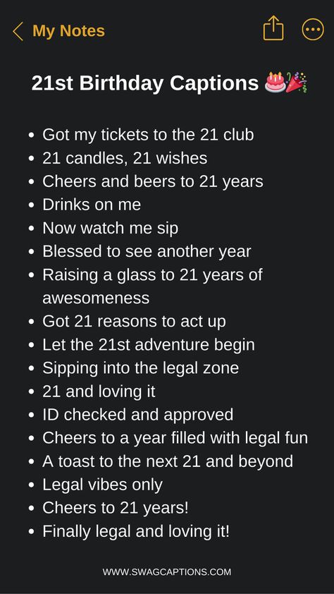 Make your Instagram posts iconic with these fun and flirty 21st birthday captions. From cheers-ing to your new legal drinking age to roasting your friends for still being underage, we've got you covered with sassy, silly, and sweet captions for turning 21. 21 Bday Ideas, 21st Birthday Messages, Birthday Captions For Myself, 21st Birthday Captions, Sweet Captions, 21st Birthday Themes, 21st Birthday Quotes, Happy Birthday To Me Quotes, Birthday Party Drinks