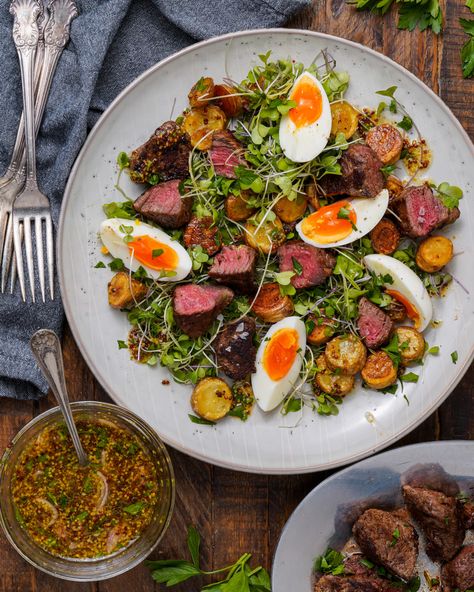 Steak and Potato Salad with Mustard Vinaigrette Steak Potato Salad, Steak And Potato Salad, What To Serve With Steak, Potato Salad Mustard, Roasted Fingerling Potatoes, Salad Cream, Steak Potatoes, Mustard Vinaigrette, Beef And Potatoes