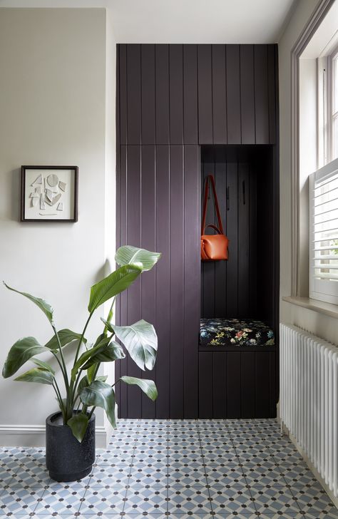 Makeup Vanity Nook, Aubergine Paint, Classic Hallway, Colour Interior Design, Vanity Nook, Alcove Cupboards, Purple Paint Colors, Porch Interior, Modern Boho Style