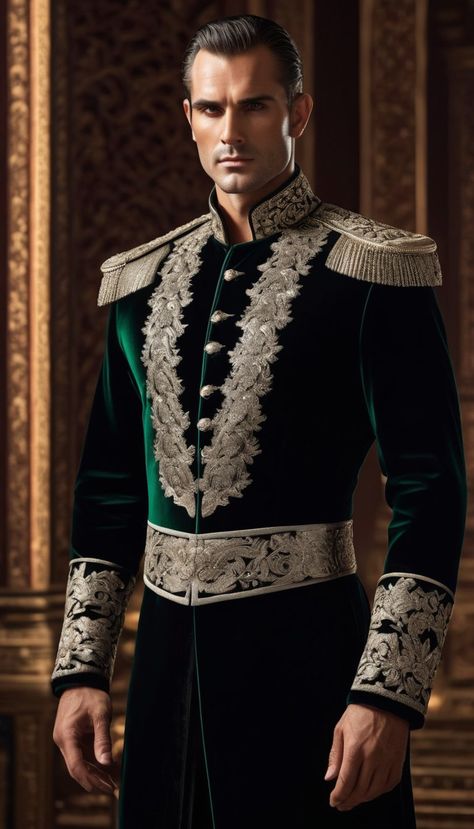 Modern King Outfit, Green Royal Outfits Male, Knight Uniform, Aristocratic Style, Prince Clothes, Royal Clothes, Tailored Fashion, King Outfit, Groom Tuxedo