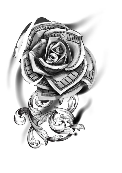 Dollar Rose Tattoo Design, Money Flower Tattoo, Dollar Tattoo Design, Money Rose Tattoo Stencil, Gangsta Girl Tattoo, Chicano Tattoos For Women, Chicano Tattoo Ideas, Tattoo Bein Frau, Money Rose Tattoo