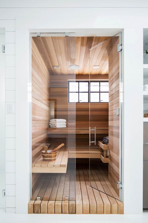 Project Newport Waterfront Reveal // Master Suite Sauna Bathroom Ideas, Home Steam Room, Sauna Bathroom Design, Beach Style Bathroom, Home Spa Room, Sauna Design, Sauna Room, Modern Beach House, Spa Room