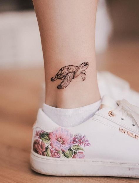 Animal Ankle Tattoos For Women, Sea Turtle Tattoo On Foot, Ocean Ankle Tattoos For Women, Sea Turtle Fine Line Tattoo, Turtle Tattoo Ankle, Dainty Ankle Tattoos For Women, Baby Sea Turtle Tattoo, Turtle Ankle Tattoo, Turtle Foot Tattoo