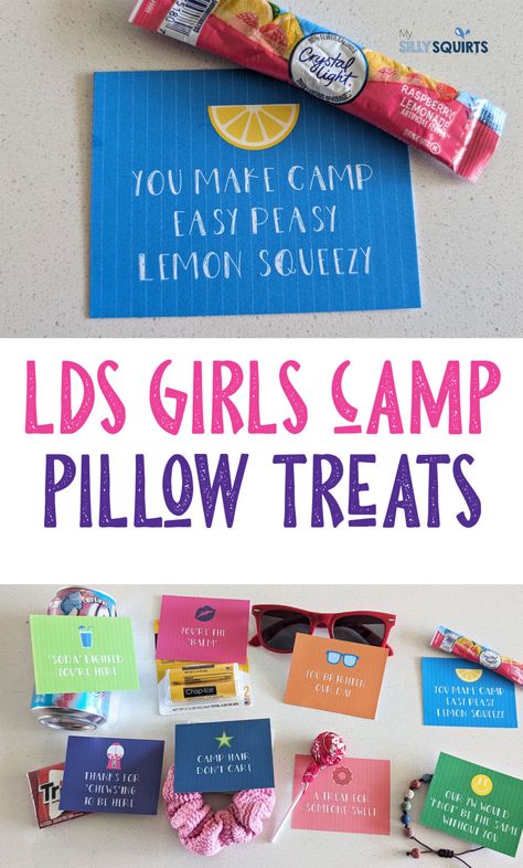 Print these 9 adorable LDS girls camp pillow treat gift tags - My Silly Squirts Lds Yw Camp Pillow Treats, Camp Pillow Treats Young Women, Yw Camp Pillow Treats, Tuck In Treats Girls Camp, Lds Girls Camp Themes 2024, Pillow Treats For Girls Camp, Girls Camp Themes Lds, Girls Camp Tuck In Treats, Girls Camp Themes