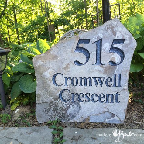 DIY Simple Faux Stone Engraving using paint | Instructions how to paint Letters and numbers that look chiseled in rock for address or name Address Stone, Parts Of The Letter, Engraved Stone, Faux Rock, Concrete Light, Stone Sign, Stone Engraving, Black Acrylic Paint, Painted Sticks