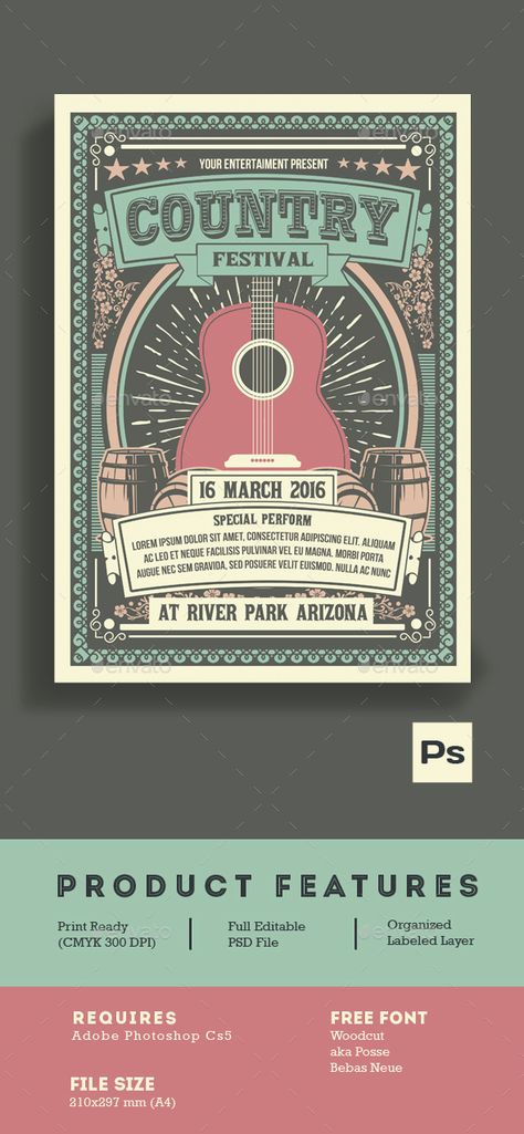 Vintage Country Music Festival. Print-templates Flyers Events. Tags band, club, concert, country, country music, cowboy, event, event flyer, festival, flyer, folk, gig, grunge, guitar, horse, legend, music, old style, party, poster, print template, rembassio, retro, saloon, show, template, vector, vintage, western, and wild west. Cowboy Event, Grunge Guitar, Country Festival, Concert Poster Design, Country Music Concerts, Country Bands, Concert Flyer, Country Music Festival, Festival Flyer