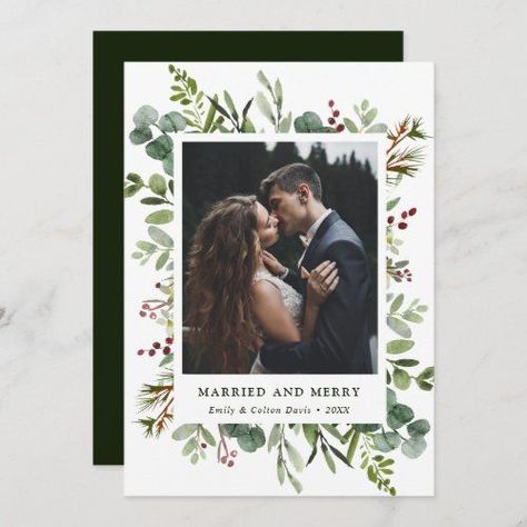 Botanical Married & Merry Greenery Newlywed Photo #watercolorgreenerybotanical #photoholidaycard #zchristmas #zholiday #marriedandmerry #firstchristmasfornewlywed #ourfirstmarriedchristmas #simpletypography #winterredberries #modernchristmas Black Wedding Photos, Greenery Christmas, Christmas Arch, Wedding Announcement Cards, Christmas Wedding Invitations, Christmas Holiday Photos, Newlywed Christmas, Winter Watercolor, Watercolor Christmas Cards