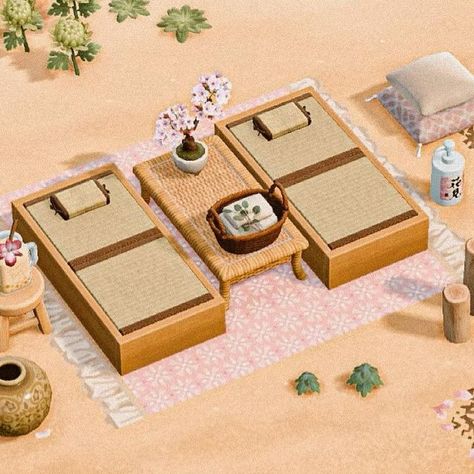 Animal Crossing Corner Ideas, Acnh Seating Area Ideas, Acnh Ankha Yard, Acnh Zen Codes, Animal Crossing Aesthetic Island Ideas, Acnh Japanese Items, Acnh Outdoor Bath, Acnh Wood Deck, Acnh Modern Island