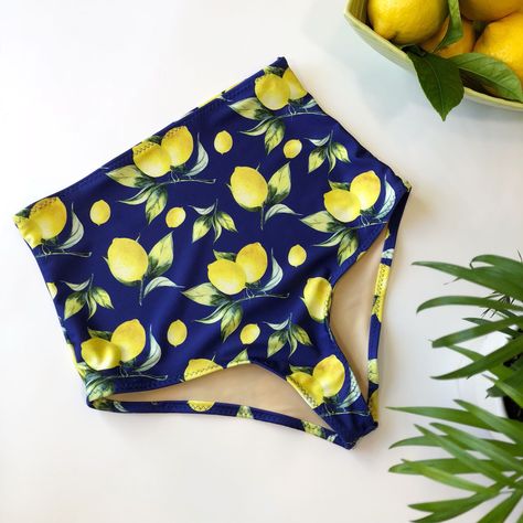 Lemon Swimsuit, High Waisted Bathing Suits, Swimsuit Fabric, Retro Swimsuit, Bathing Suit Bottoms, Cute Bathing Suits, Swimwear Bottoms, Floral Retro, Lemon Print