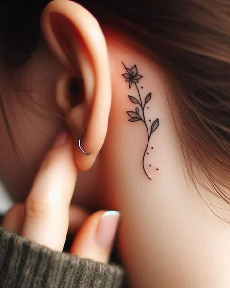 Ear Tattoo Leaves, Ear Flower Tattoo, Tattoo On Ear, Flower Tattoo Ear, Tattoo Leaves, Tattoo Ear, Behind The Ear Tattoo, Behind Ear Tattoos, Pretty Hand Tattoos