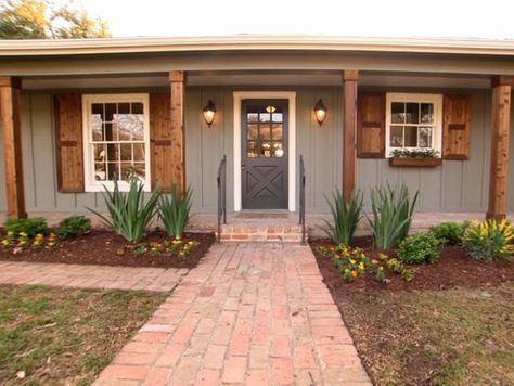 House With Cedar Shutters, Exterior Shutters On Brick, Grey Painted Brick House, Cedar Columns, Grey Painted Brick, Gray Siding, Brick Ranch Houses, Cedar Shutters, Ranch House Exterior