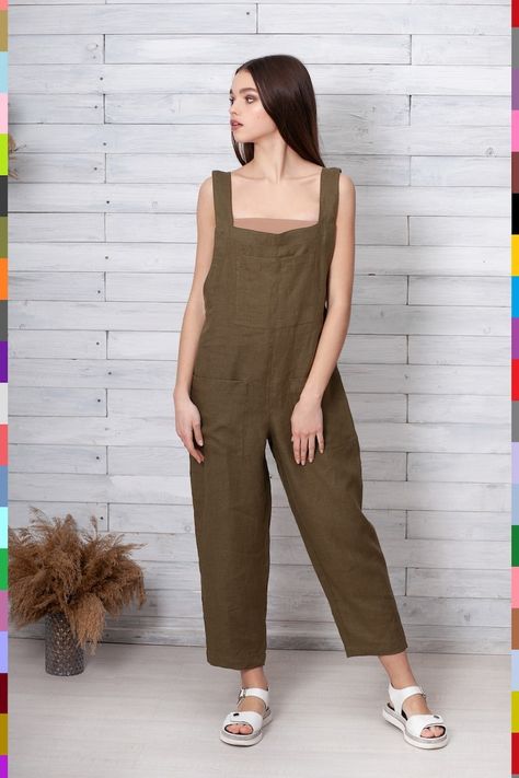 Loose Linen Jumpsuit. Khaki Jumper. Linen Overall. Cropped Jumper. Khaki Playsuit. Casual Romper. 100% Pure Linen italy - Etsy Ukraine Linen Overall, Jumpsuit Linen, Womens Jumpsuits, Ladies Wear, Linen Romper, Jumpsuit Summer, Linen Jumpsuit, Casual Rompers, Linen Tunic