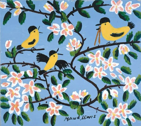 Maudie Movie, Maudie Lewis, Maude Lewis, Eden Painting, Maud Lewis, Postcard Art, Yellow Bird, Canadian Art, Folk Art Painting