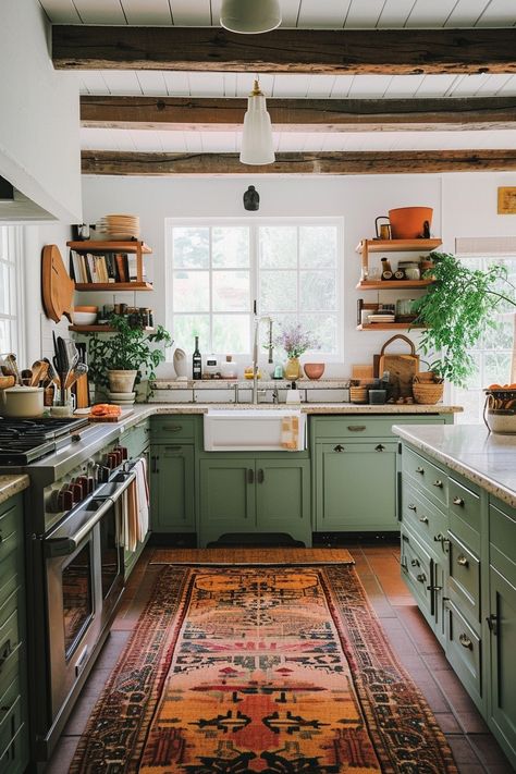 Cottagecore House Interior, Clever Kitchen Ideas, Green Kitchen Designs, Kitchen Cabinet Inspiration, Sage Green Kitchen, Green Kitchen Cabinets, French Country Kitchens, Kitchen Counter Decor, Farmhouse Kitchen Design