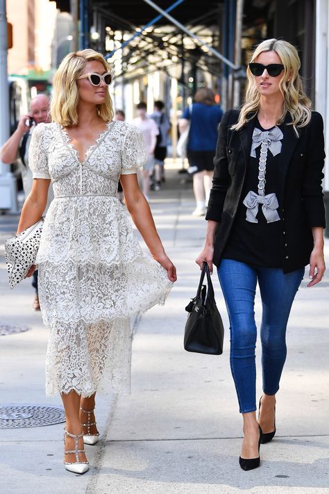 Paris Hilton’s Lace Dress & Valentino Stud Pumps Revamp Summer Whites – Footwear News Pumps Outfit Dress, White Pumps Outfit, Paris Hilton Outfits, Paris Hilton Style, Paris Hilton Dress, Valentino Rockstud Pumps, Valentino Paris, Derby Attire, Pumps Outfit