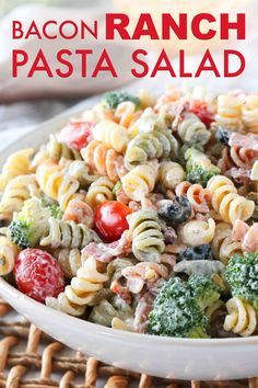 Quick and easy, this Bacon Ranch Pasta Salad features rotini pasta, crispy bacon, cheddar, broccoli and more, coated in perfectly creamy Ranch dressing! #baconranchpastasalad #pastasalad #sidedishrecipe #sidedish #ranchdressing Jimmy Buffet Pasta Salad Recipe, Salad Bacon, Ranch Recipes, Bacon Ranch Pasta, Antipasto Pasta Salads, Cheddar Broccoli, Bacon Ranch Pasta Salad, Creamy Pesto Pasta, Creamy Ranch Dressing