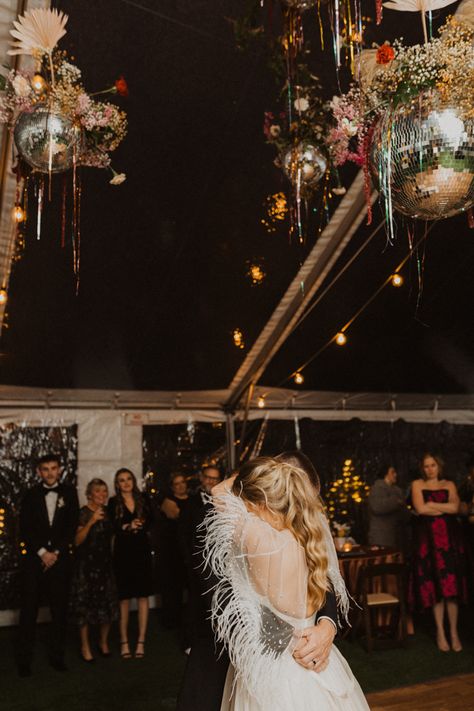 Disco Winter Wedding, Reception Outfit Change, Disco Ball Ceiling, Black And White Attire, White Attire, Disco Wedding, Elegant Winter Wedding, Reception Outfit, February Wedding