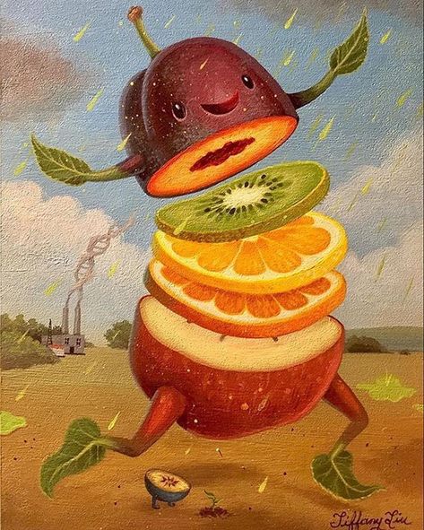 . Artist: @tiffanyliuart  Tiffany Liu www.tiffanyliu.com  #tiffanyliu  #lowbrow #lowbrowart  #lowbrowpopsurrealists #popculture #popstyle… Fruit Surrealism, Multimedia Art, Visual Puns, Multimedia Arts, Lowbrow Art, Artist Profile, Pop Surrealism, Fruit Art, Little Golden Books