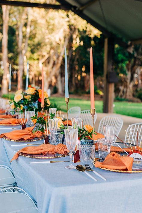 Pastel Wedding Ideas, Blue Orange Weddings, Mid Century Modern Wedding, Blue Table Settings, Summer Wedding Inspiration, Summer Wedding Decorations, Wedding Ceremony Backdrop, Blue Themed Wedding, Wedding Place Settings