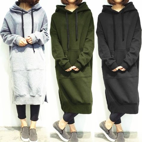 Long Hoodie Dress, Oversized Hoodie Dress, Hooded Sweatshirt Dress, Hooded Dress, Loose Pullover, Mode Hijab, Women Hoodies Sweatshirts, Green Grey, Hooded Pullover