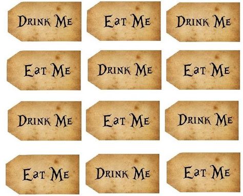 Alice in Wonderland 'Eat me' 'drink me' labels for sweet jars and champagne glasses. Alice In Wonderland Drink Me Tags, Eat Me Drink Me Alice In Wonderland, Drink Me Alice In Wonderland, Alice In Wonderland Eat Me, Book Themed Birthday Party, Vintage Disney Posters, Printable Journal Cards, Alice In Wonderland Diy, Eat Me Drink Me