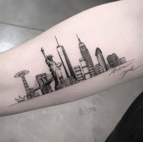 Fine line New York Skyline tattoo on the inner forearm New York City Skyline Tattoo, Ny Tattoo Ideas New York, Ny Skyline Tattoo, New York Inspired Tattoo, New York Skyline Tattoo, New York Skyline Drawing, New York Tattoo Ideas, Nyc Tattoo Ideas, Tattoo Coordinates