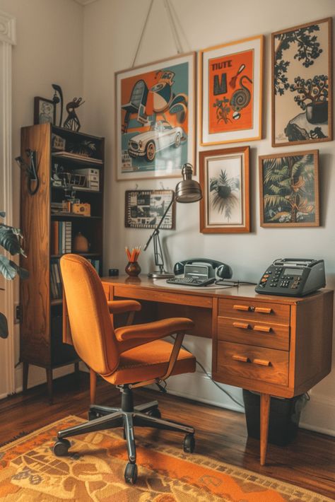 Vintage Retro Bedroom Ideas, Home Office Vintage Decor, Mid Century Modern Boho Home Office, Home Office Design Mid Century Modern, Vintage Desk And Chair, Bedroom Office Chair, How To Make An Office Feel Homey, Retro Home Ideas, 1950s Room Decor