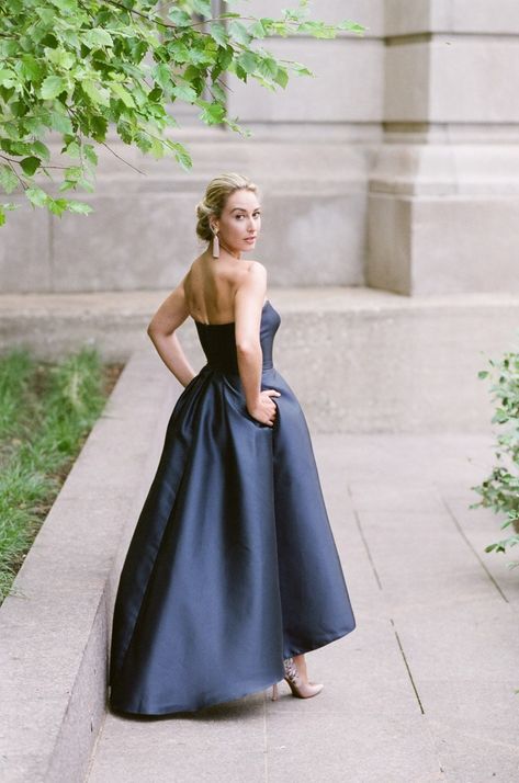 Woman looking over shoulder wearing a strapless navy blue evening dress in Chicago | fashion, shoot, fine art, stairs, romantic, ideas, beautiful, inspiration, photographers, aesthetic, photos, unique, classy, style, editorial, poses, floral bouquet, elegant, couture, attire, dress | Tamara Gruner Photography - Chicago Wedding Photographer Looking Over Shoulder Pose, Woman Looking Over Shoulder, Photographers Aesthetic, Navy Blue Evening Dress, Editorial Poses, Elegant Couture, Looking Over Shoulder, Chicago Riverwalk, Blue Evening Dress