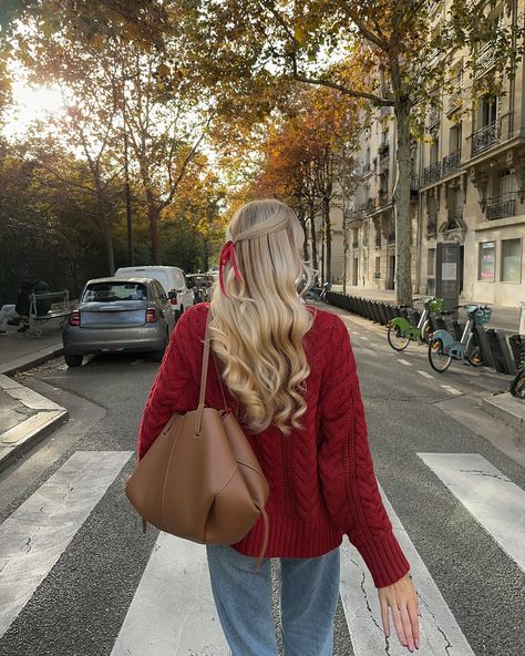 Parisian girl fall!! 🍂☕️🫶🏻 .⁣ .⁣ .⁣ .⁣ .⁣ #thisisparis #laparisienne #outfitinspirations #parisianstyle #parisienne #parislife #parismonamour #perfectoutfit #howtobeparisian #lavieparisienne #onparledemode #parisianvibes #parisjetaime #parisphoto #postitfortheaesthetics fall colors fall leaves fall fashion cozy fashion sweater style east coast fall Pinterest fall East Coast Fall, Cable Knit Sweater Outfit, Polene Bag, Red Sweater Outfit, Fall Pinterest, Parisian Outfit, Crewneck Sweaters, Causal Outfits, Leaves Fall