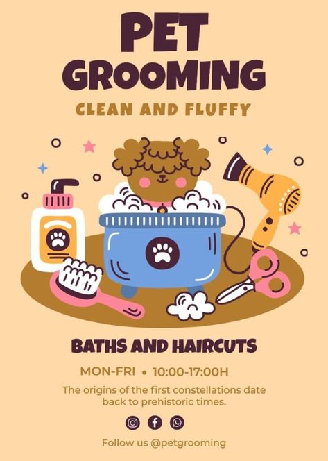 Pet Grooming Poster Design, Pet Grooming Business Cards, Pet Grooming Flyer, Pet Grooming Poster, Dog Grooming Branding, Dog Groomer Logo, Pet Grooming Salon Ideas Design, Dog Walking Flyer, Dog Sitting Business