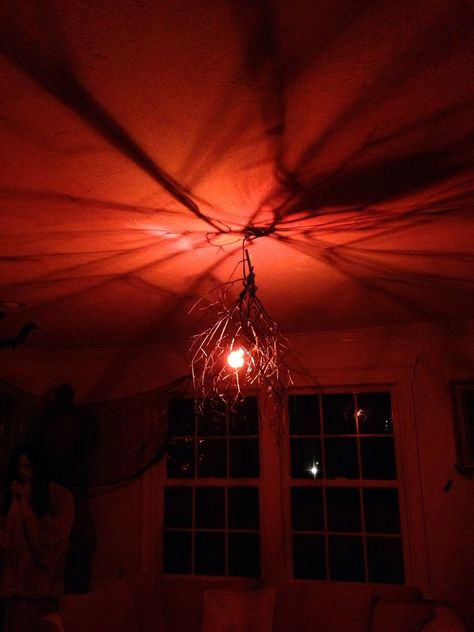 Orange light bulb with some black spray painted branches. Easy and super spooky.  Halloween Spray Painted Branches, Halloween Lights Indoor, Circus Room Decor, Halloween Ceiling Decorations, Season Wheel, Orange Light Bulb, Voodoo Swamp, Hamlet Machine, Spooky Lighting