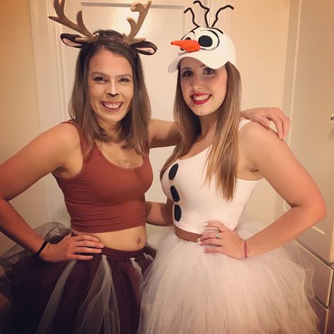 Sven and Olaf costumes                                                                                                                                                                                 More Sven And Olaf Costumes, Olaf Halloween Costume Woman, Olaf And Sven Costume, Olaf Costume Women, Sven Costume Diy Women, Diy Olaf Costume Women, Olaf Costume Diy Women, Disney Spirit Week, Sven Costume