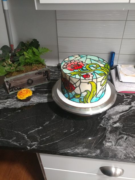 Stained Glass Birthday Cake, Stained Glass Cake Ideas, Goth Desserts, Medieval Cake, Booze Cakes, Stained Glass Cake, 22nd Birthday Cakes, Chef Cake, Art Deco Cake