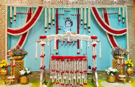 Indian Cradle Ceremony Decoration, Cradle Cermony Decoration, Barasala Decoration Ideas, 21st Day Cradle Ceremony Decoration, Simple Cradle Ceremony Decorations, Cradle Ceremony Decorations Indian, Barasala Decoration At Home, Naming Ceremony Decorations Indian, Cradle Decoration Ideas