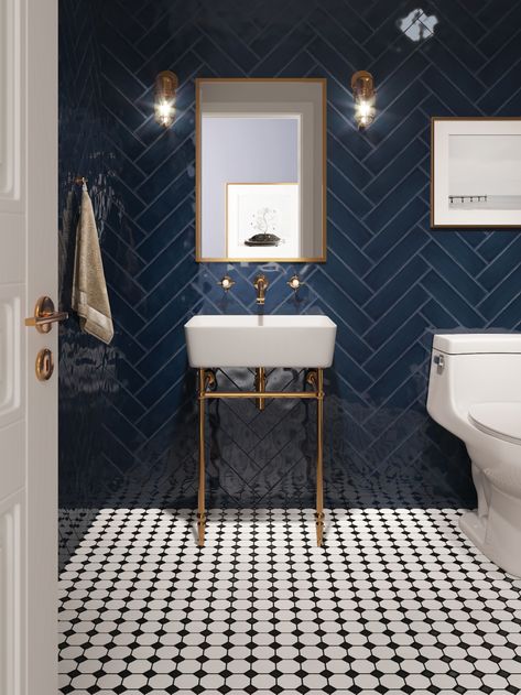 Powder Room Tile That's Sure to Impress - Why Tile Blue Octagon Tile Bathroom, Blue En Suite Bathroom, Bathroom Octagon Tile Floor, Navy Hexagon Tile Bathroom, Woodburner Tiles, Teal Bathroom Tiles, Octagon Tile Bathroom, Powder Room Tile, Room Tiles Design