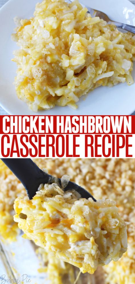 This Chicken Hashbrown Casserole is baked to perfection with cheesy chicken layered on top of hashbrowns. It's all topped with Rice Krispies for a satisfying crunch! It's a great family dinner, recipe to feed a crowd or even better for leftovers the next day! #recipesforacrowd #cassserole #chickencasserole #easycasserole #hashbrowns Crockpot Chicken And Hashbrowns, Chicken Hashbrown Casserole Easy, Chicken Casserole With Hashbrowns, Dinners With Hashbrowns, Chicken With Hashbrowns Recipe, Hashbrown Casserole With Chicken, Crockpot Chicken And Hashbrown Recipes, Chicken Hashbrown Recipes, Cheesy Chicken Hashbrown Casserole