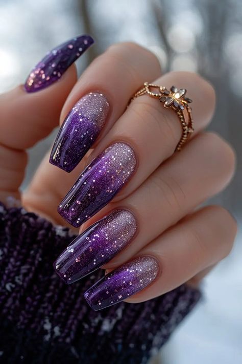 Sparkly Formal Nails, Sparkly Purple Nail Designs, Purple Formal Nails, Purple Velvet Nails, Nails Inspiration Purple, Purple Glitter Nails, Purple Nail Art, 2024 Nails, Chrome Nails Designs