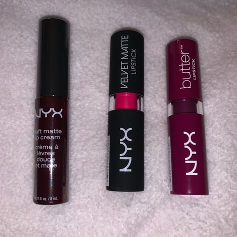 Nyx Variety Lipstick Bundle All Brand New And Unused. The Butter Lipstick Has A Nick At The Tip But Has Never Been Used. Includes: Nyx Soft Matte Lip Cream In Copenhagen (Matte Dark Red), Nyx Velvet Matte Lipstick In Miami Nights (Bright Pink Matte), And Nyx Butter Lipstick In Hunk (Creamy Bright Mauve). Swatch Photos Were Found On Google. Nyx Lip Cream, Nyx Butter Lipstick, Gel Lipstick, Nyx Soft Matte Lip Cream, Miami Nights, Velvet Matte Lipstick, Light Lipstick, Nyx Butter, Nyx Soft Matte