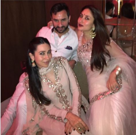 In Photos: Kareena Kapoor Chilling Like A Boss With Hubby Saif Ali Khan & Sister Karisma Kapoor At A Friend's Wedding! | MissMalini Yash Chopra, Kareena Kapoor Saree, Karishma Kapoor, Festive Dress, Eastern Fashion, Karisma Kapoor, Saif Ali Khan, Afghan Dresses, Instagram Family