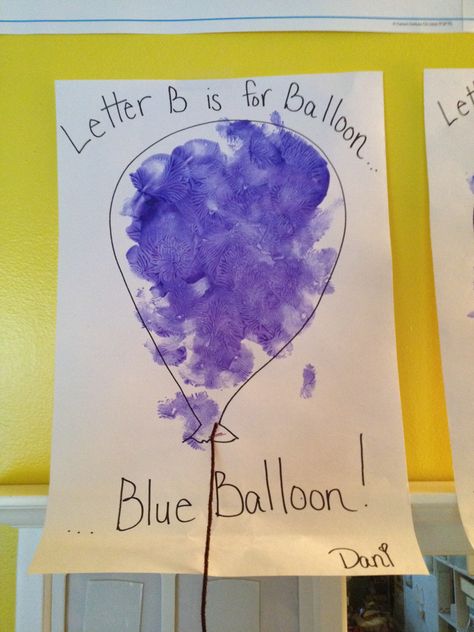 B is for BLUE BALLOON. The children painted with a balloon dipped in blue paint. B Is For Balloon Craft, B For Balloon Craft, B Activity For Preschool, Blue Art For Preschool, Letter B Craft For Toddlers, B Is For Craft Handprint, Letter B Activities For Preschool Crafts Art Projects, B Week Preschool Ideas, Letter B Arts And Crafts For Toddlers