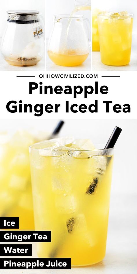 A hint of sweetness and a gingery kick make this 4-ingredient pineapple ginger iced tea a delicious drink for any occasion. #icedtearecipes #pineapplegingericedtea #fruitdrinks #icedtea Pineapple Iced Tea Recipe, Ginger Iced Tea Recipe, Ginger Iced Tea, Ginger Pineapple, Pineapple Tea, Healthy Beverages, Iced Tea Recipe, Pineapple Ginger, Syrup Recipes