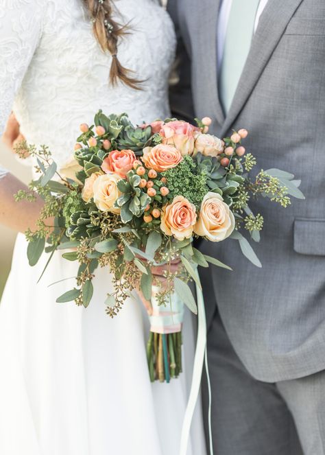 Peach And Green Flower Arrangement, Peach White Green Bouquet, Peach Wedding Bouquet Coral, Peach And Sage Bouquet, Peach And Green Bouquet, Coral Wedding Bouquet Bride, Pre Wedding Flower Bouquet, Sage And Coral Wedding, Italian Wedding Bouquet