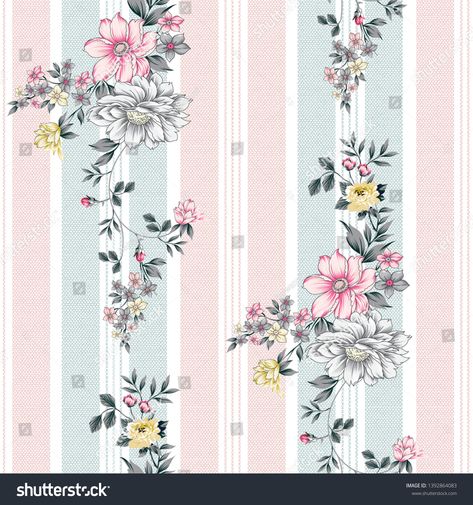 seamless flower and stripes pattern #Ad , #Affiliate, #flower#seamless#pattern#stripes Textile Pattern Design Fashion, Botanical Flower Art, Fancy Print, Textile Prints Design, Line Flower, Border Embroidery Designs, Print Design Pattern, Flower Pattern Design, Textile Pattern Design