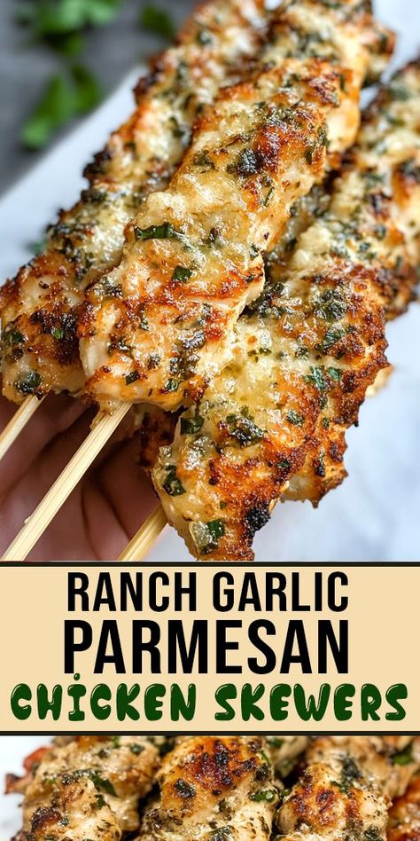 These Ranch Garlic Parmesan Chicken Skewers are the answer! Tender, juicy chicken marinated in ranch seasoning, garlic, and parmesan, then grilled to perfection. 😋 Don’t forget to try it out at your next family gathering or summer cookout! 🔥🍴 #RanchChicken #GarlicParmesan #ChickenSkewers #GrilledChicken #BBQRecipes #EasyDinnerIdeas #ChickenLovers #FamilyMeals #HealthyEating 🔥 Try these skewers today and enjoy the perfect mix of flavor and tenderness! 👩‍🍳🍽 Chicken Skewers Recipes, Parmesan Butter Sauce, Garlic Parmesan Butter, Skewers Recipes, Garlic Parmesan Chicken Skewers, Parmesan Chicken Skewers, Grilled Chicken Parmesan, Ranch Seasoning Recipes, Parmesan Butter