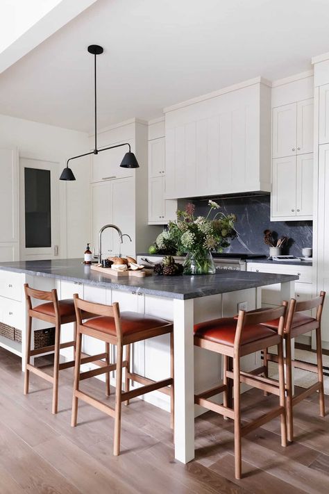 Kitchen Island Details, Modern Ski House, Square Island, Striped Dining Chairs, W Design Collective, Open Kitchen Layouts, Utah Home, Kitchen Island With Sink, White Island