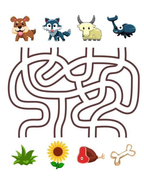 Maze puzzle game for children pair cute cartoon dog wolf goat beetle with the correct food printable worksheet Dog Wolf, Printable Food, Food Ad, Mazes For Kids, Game For Children, Maze Puzzles, Maze Game, Printable Preschool Worksheets, Kids Activity Books