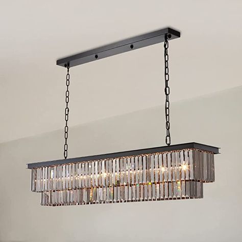 NOXARTE Rectangular Crystal Chandelier 8 Lights Modern Luxury Pendant Light Black Metal Frame with Adjustable Chain for Dining Room Kitchen Island Farmhouse D47'' - - AmazonSmile Chandelier Over Regtangular Table, Black Rectangle Chandelier Dining Room, Rectangular Crystal Chandelier Dining, Square Crystal Chandelier, Dining Table Chandelier, Matte Black Crystal Chandelier Linear, Hanging Ceiling Lamps, Kitchen Island Chandelier, Crystal Pendant Lighting